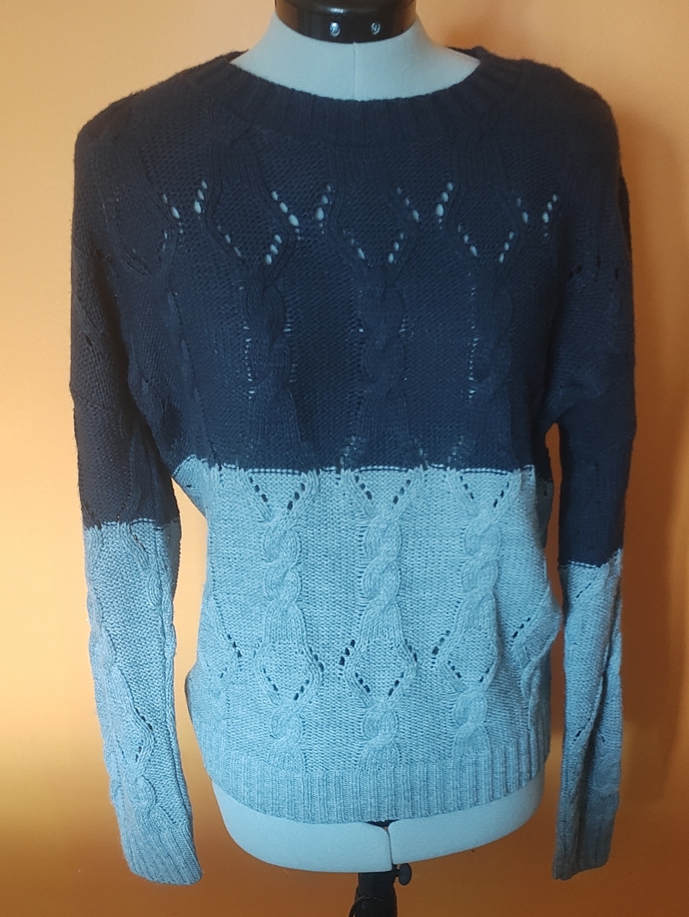 Two-Tone Navy and Light Gray Cable Knit Women's Sweater